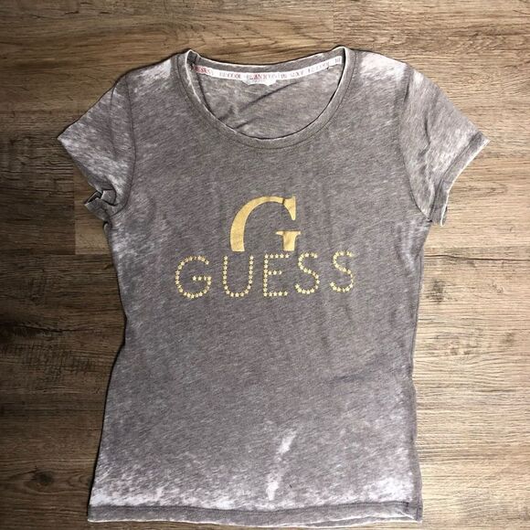 Guess Gray T-shirt, white distressed spots, Gold accent Size M - Picture 1 of 7